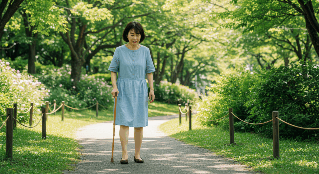 杖をついて歩く女性